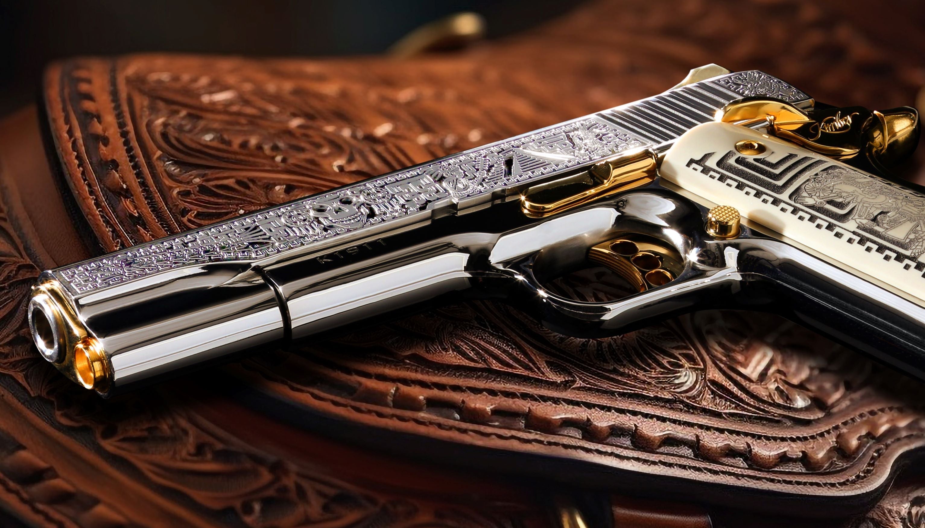 Kimber 1911 38 Super Stainless Steel with 24K Gold Aztec Temple Pistol