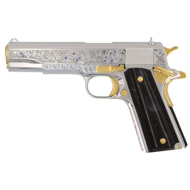 Colt 1911 Government, .45 ACP, Vine & Berries Design, High Polish Chrome Finish, 24K Gold Plated Accents, 4976533012582, 24K Gold Firearms, 24 karat gold guns
