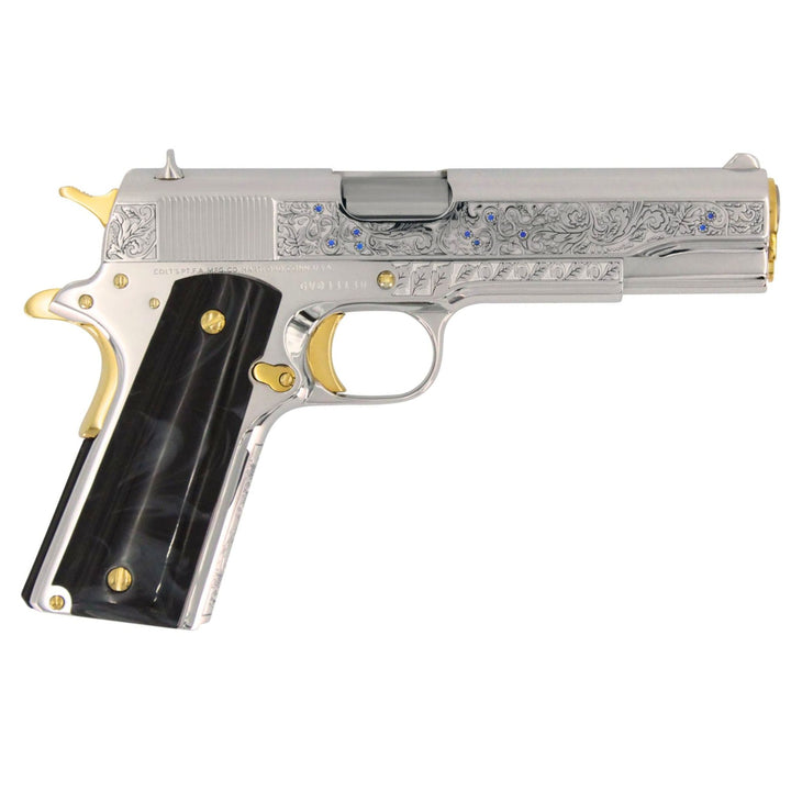 Colt 1911 Government, 38 Super, Scroll Design With Diamonds, High Polish Stainless Steel With 24 karat Gold Accents, 4976533012582, 24K Gold Firearms, 24 karat gold guns