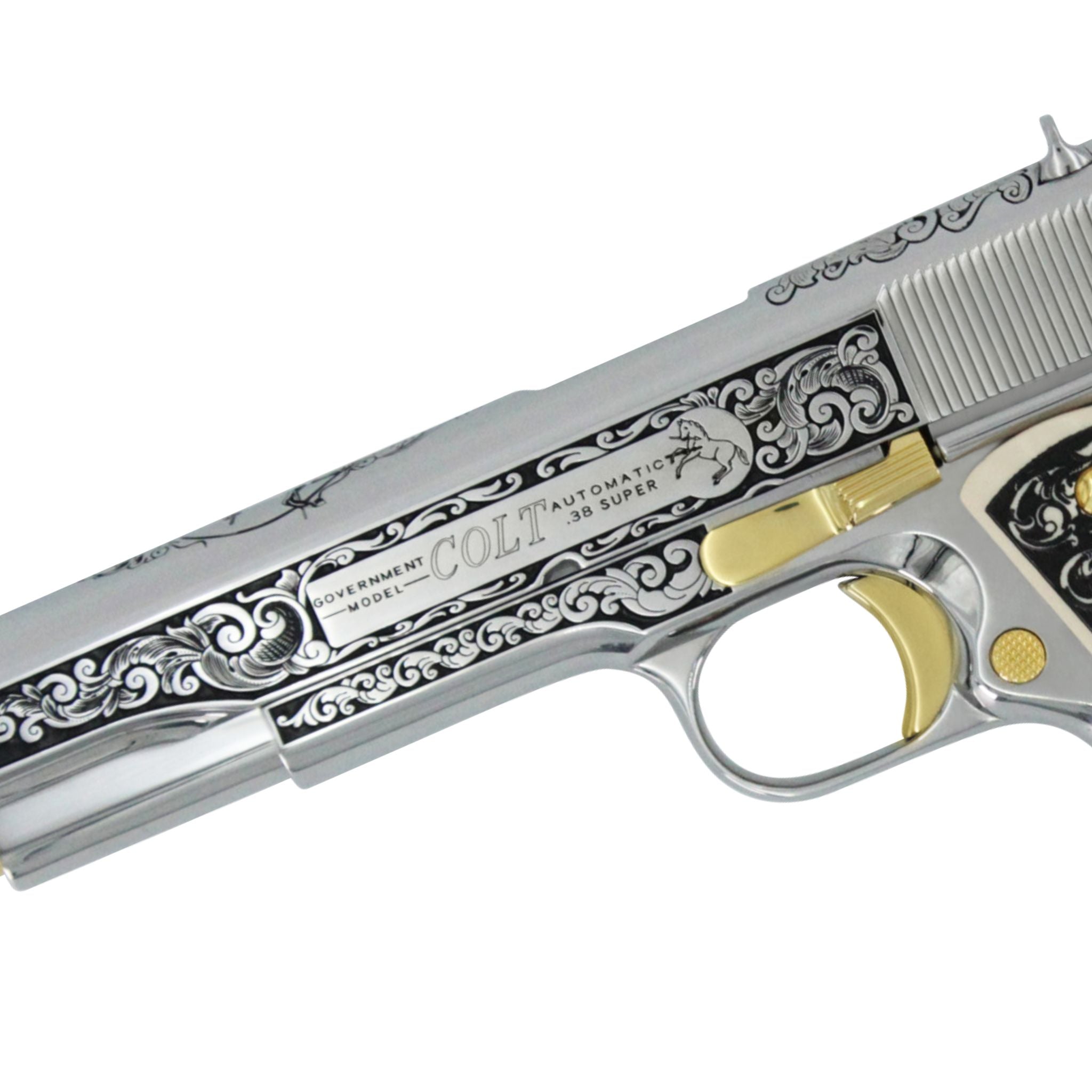 Colt 1911 Government, 38 Super, Scroll Design With Diamonds, High Polish Stainless Steel  With 24 karat Gold Accents, 4976533012582,  24K Gold Firearms