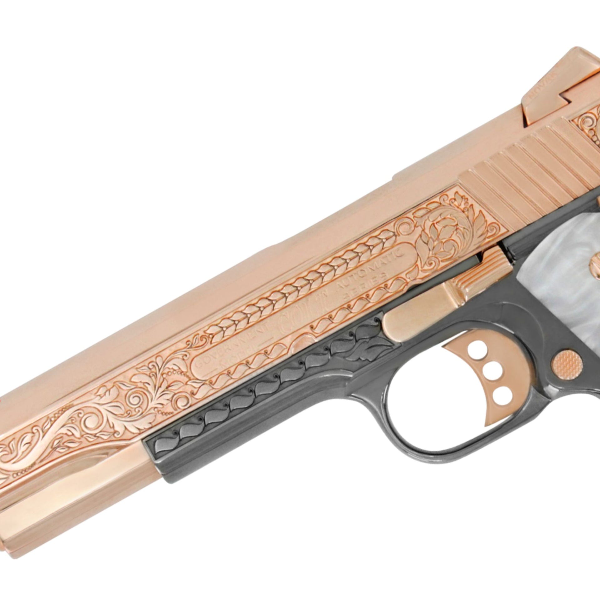 1911 Colt Competition 45 ACP, Scroll Design, 18K Rose Gold Plated & Black Chrome, SKU: 4956477816934