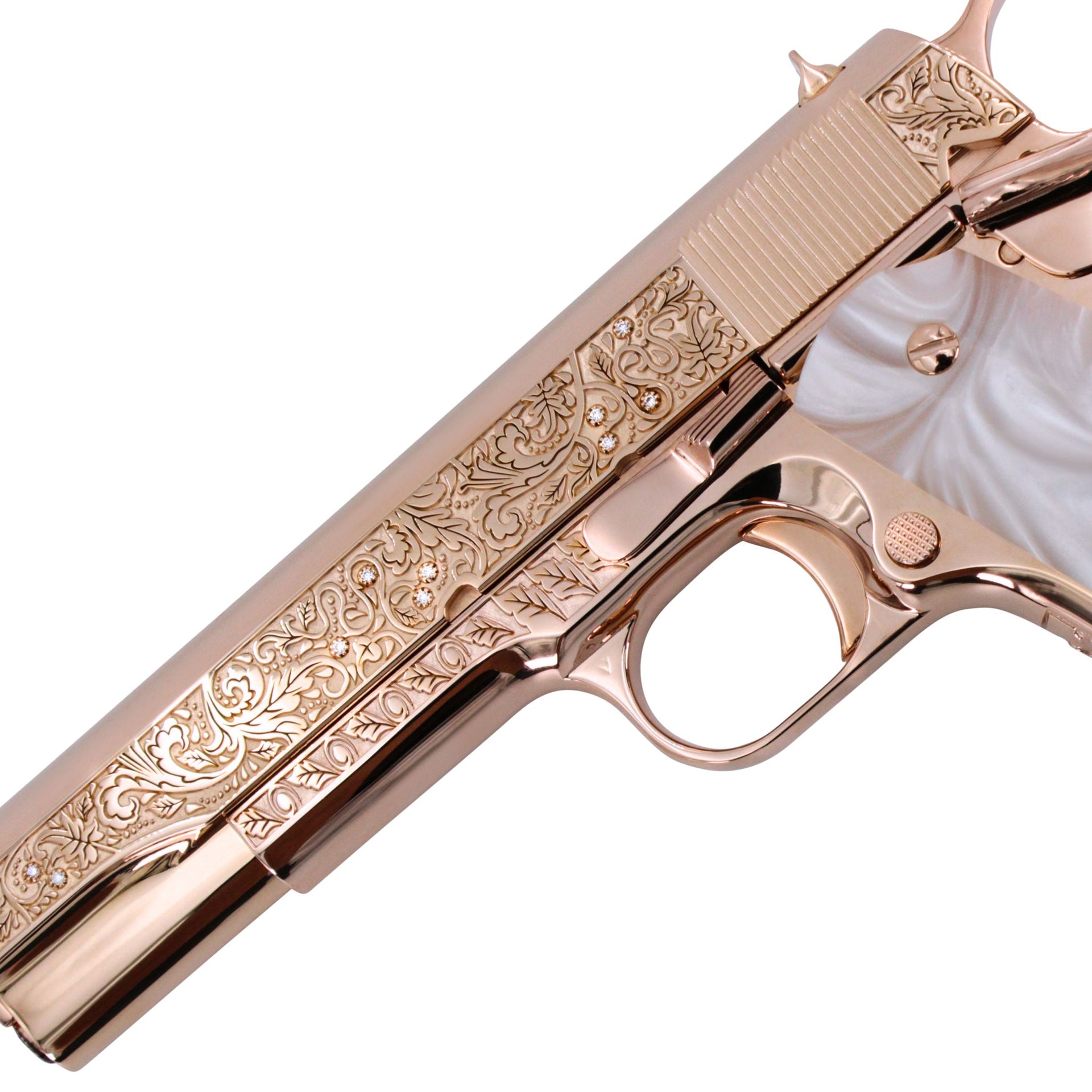 Colt Government 1911, 38 Super, Vine & Berries With Diamonds, 18 karat Rose Gold, SKU: 4881198022758 , 098289112231, Rose Gold Guns, rose gold pistols