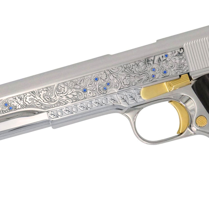 Colt 1911 Government, 38 Super, Scroll Design With Diamonds, High Polish Stainless Steel With 24 karat Gold Accents, 4976533012582, 24K Gold Firearms, 24 karat gold guns