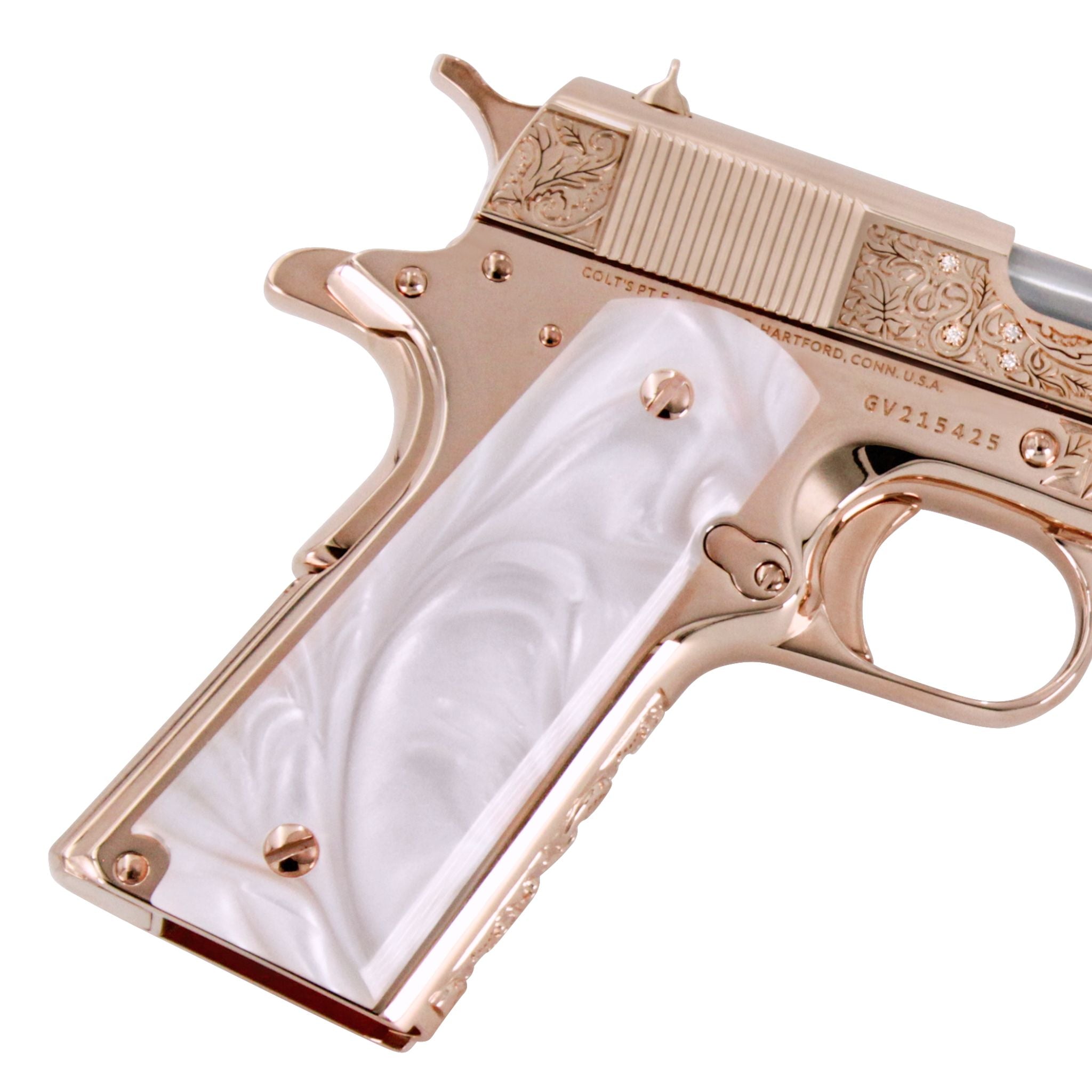 Colt Government 1911, 38 Super, Vine & Berries With Diamonds, 18 karat Rose Gold, SKU: 4881198022758 , 098289112231, Rose Gold Guns, rose gold pistols