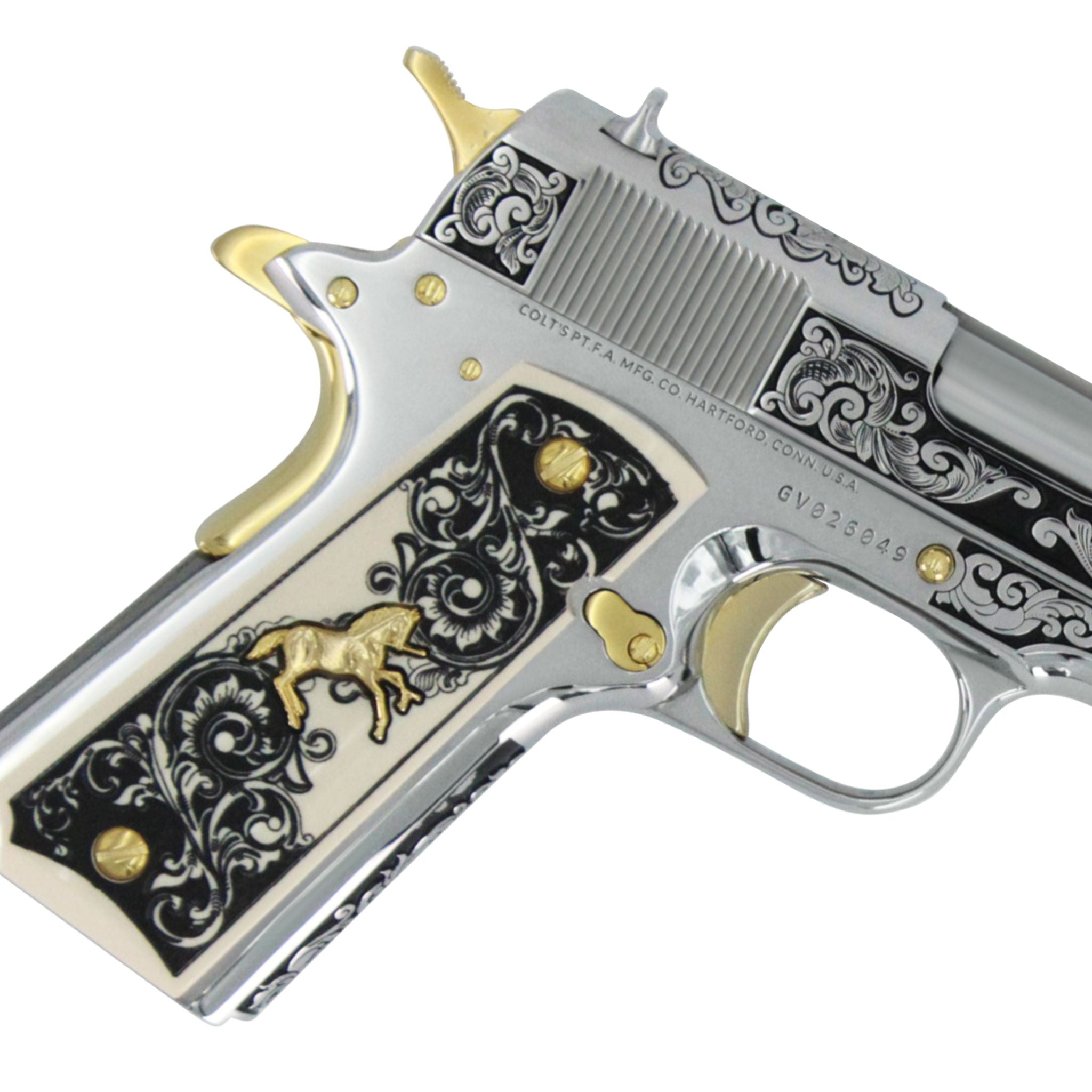 Colt 1911 Government, 38 Super, Scroll Design With Diamonds, High Polish Stainless Steel  With 24 karat Gold Accents, 4976533012582,  24K Gold Firearms
