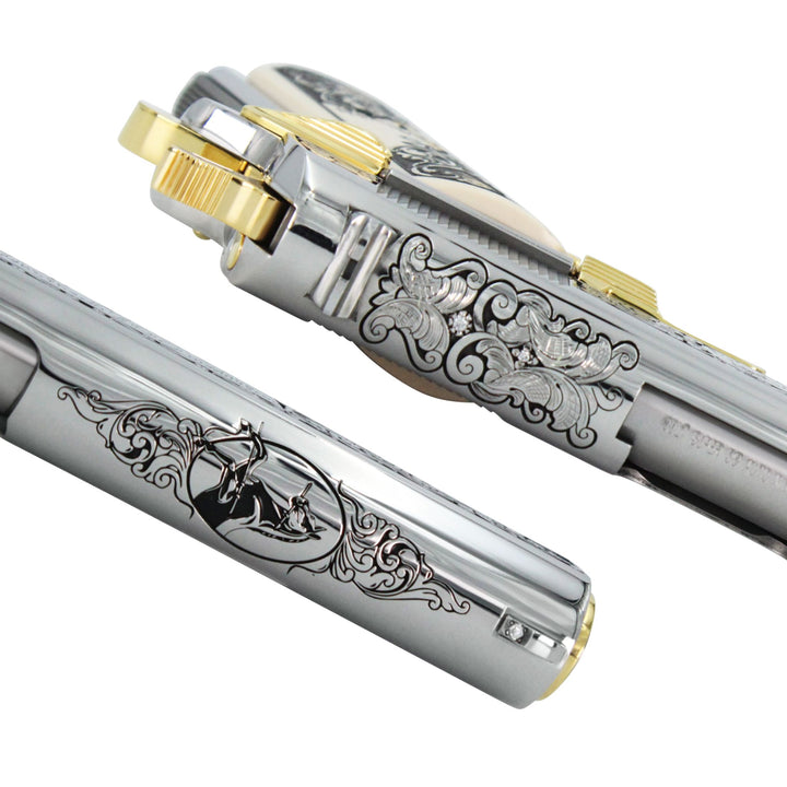 Colt 1911 Government, 38 Super, Scroll Design With Diamonds, High Polish Stainless Steel  With 24 karat Gold Accents, 4976533012582,  24K Gold Firearms