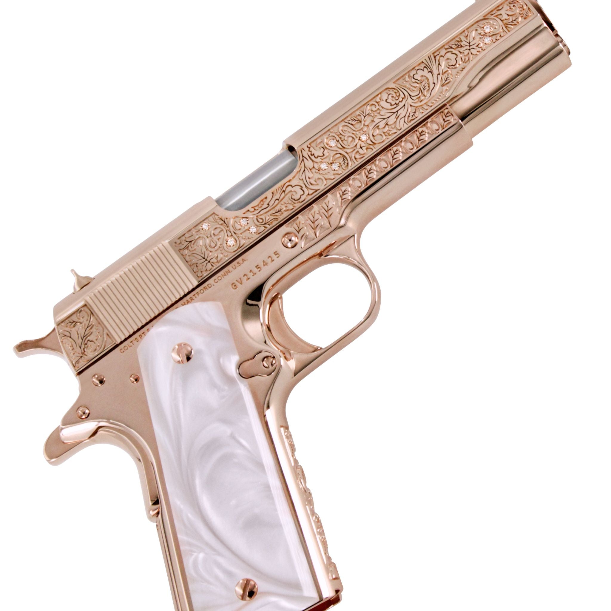Colt Government 1911, 38 Super, Vine & Berries With Diamonds, 18 karat Rose Gold, SKU: 4881198022758 , 098289112231, Rose Gold Guns, rose gold pistols