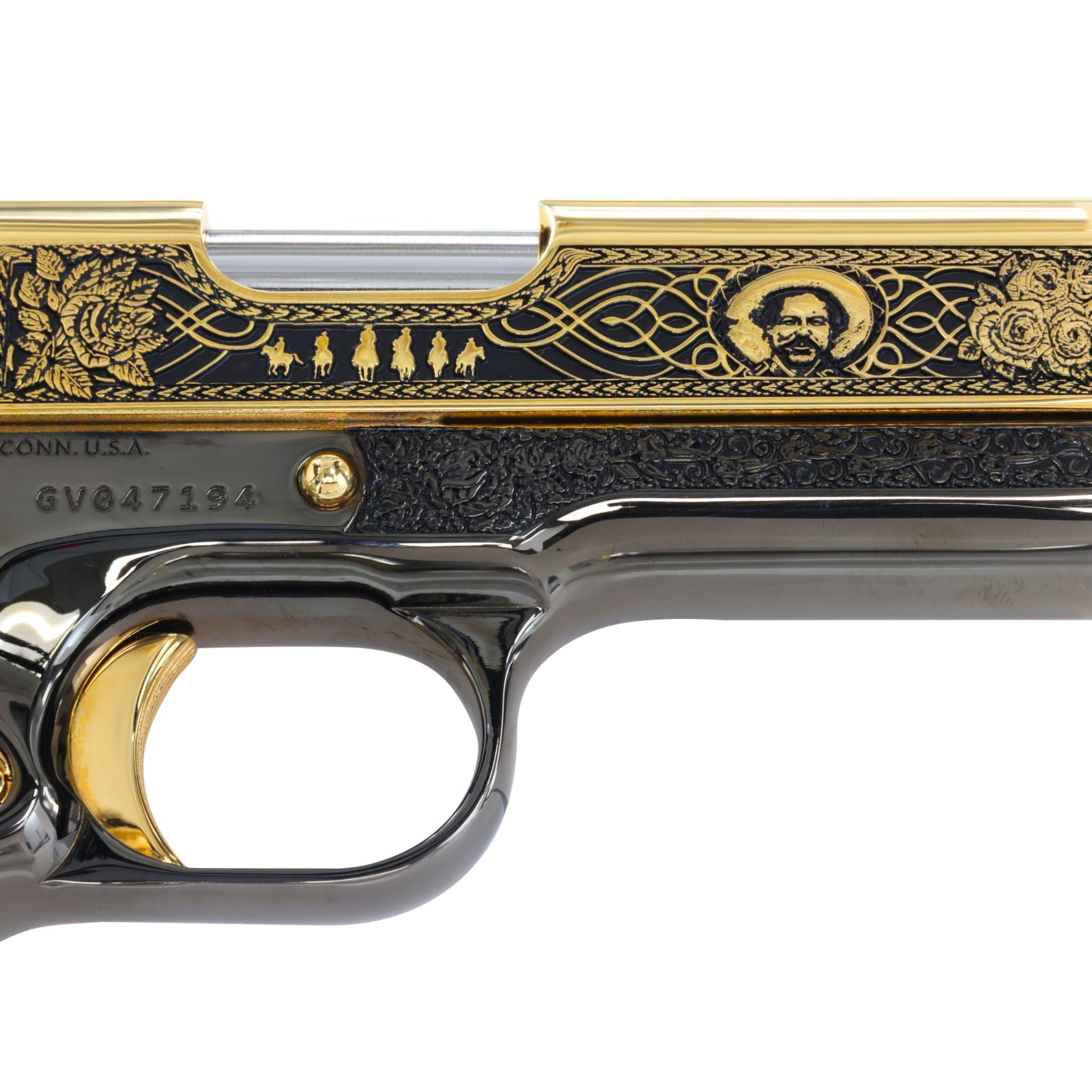 Colt 1911 Government .45 ACP Pancho Villa 24K Gold Plated and Engraved, Black Chrome Frame by Seattle Engraving Center  SKU:7010460139622