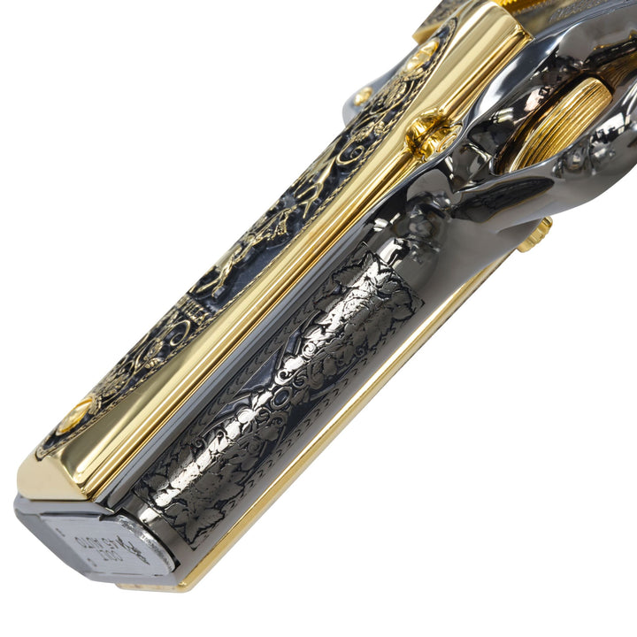 Colt 1911 Government .45 ACP Pancho Villa 24K Gold Plated and Engraved, Black Chrome Frame by Seattle Engraving Center SKU:7010460139622