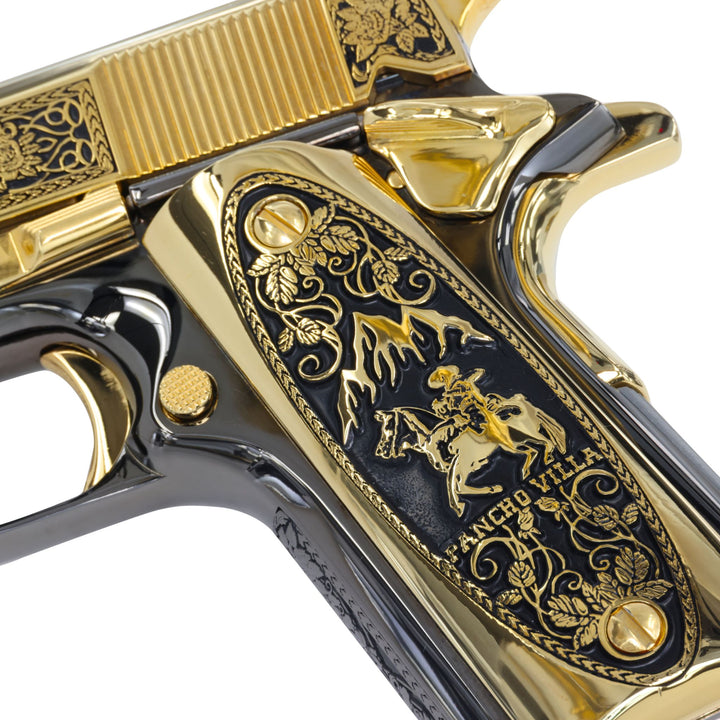 Colt 1911 Government .45 ACP Pancho Villa 24K Gold Plated and Engraved, Black Chrome Frame by Seattle Engraving Center SKU:7010460139622