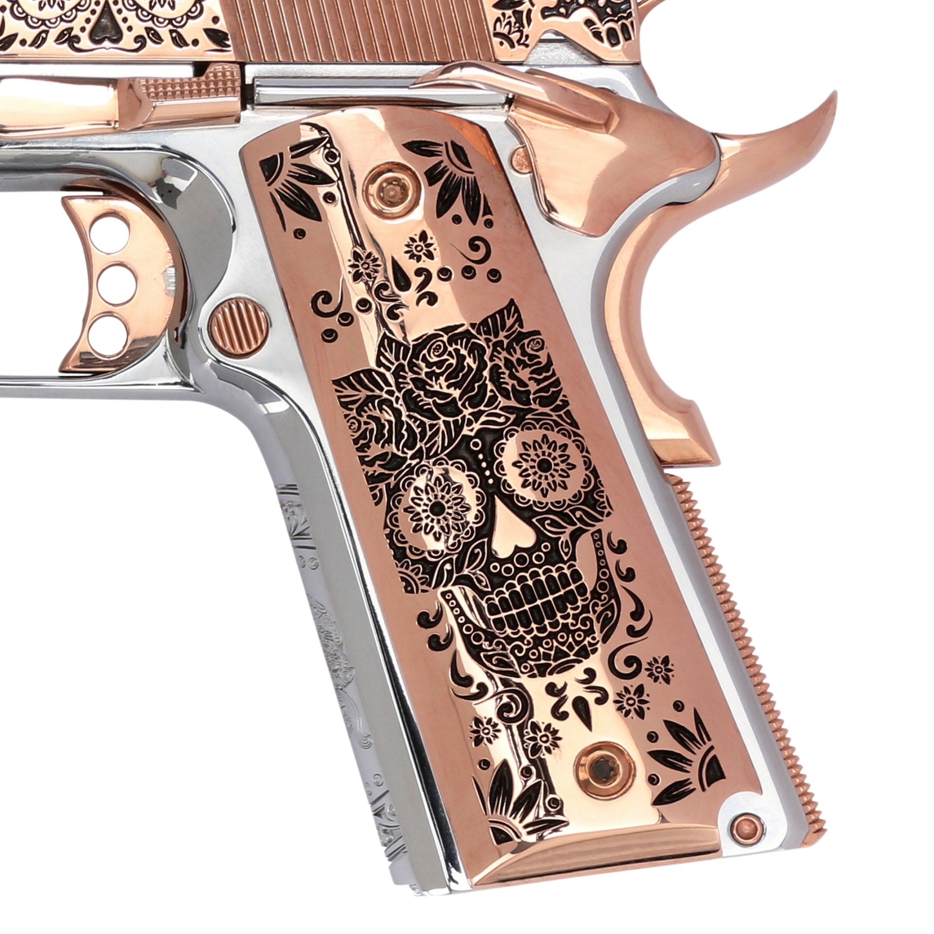 Custom Grip 18K Rose Gold High Polish Catrina Design by Seattle Engraving Center
