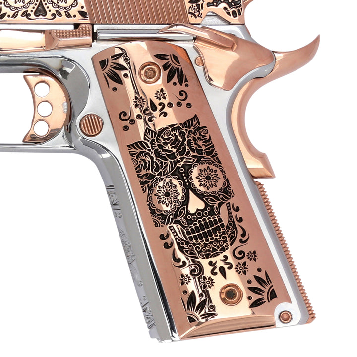Custom Grip 18K Rose Gold High Polish Catrina Design by Seattle Engraving Center