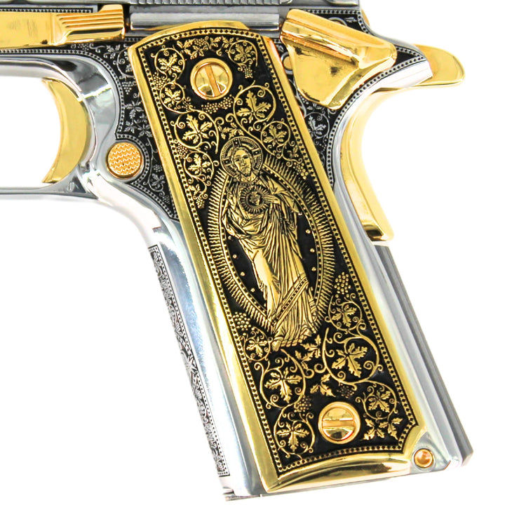 Custom Grips in 24K Gold in Cathedral Design by Seattle Engraving Center, Cathedral Engraved Full Size 1911 Grips, 24 Gold, 7142180880486