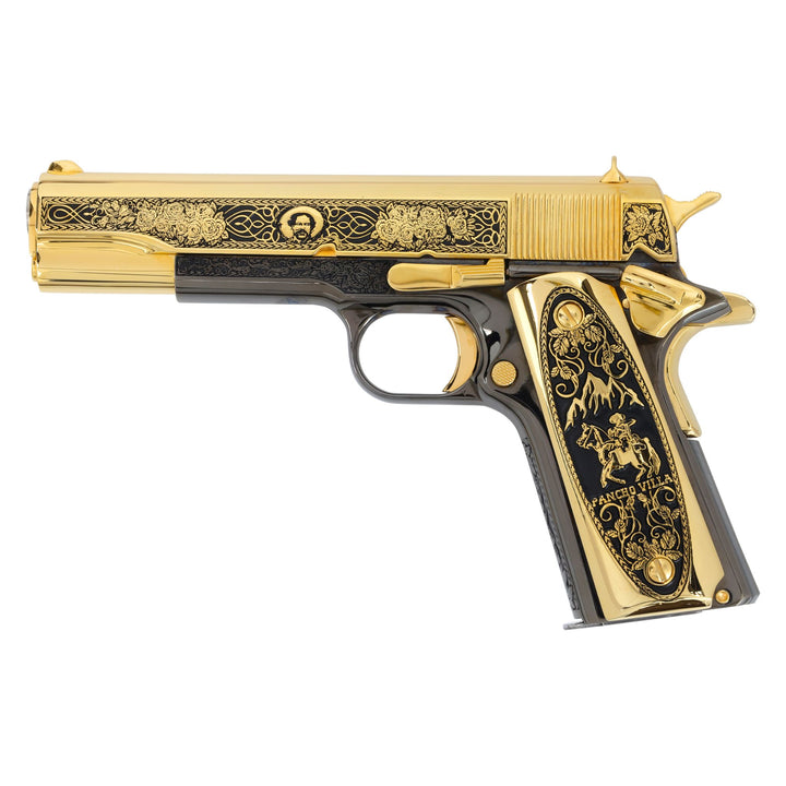 Colt 1911 Government .45 ACP Pancho Villa 24K Gold Plated and Engraved, Black Chrome Frame by Seattle Engraving Center SKU:7010460139622