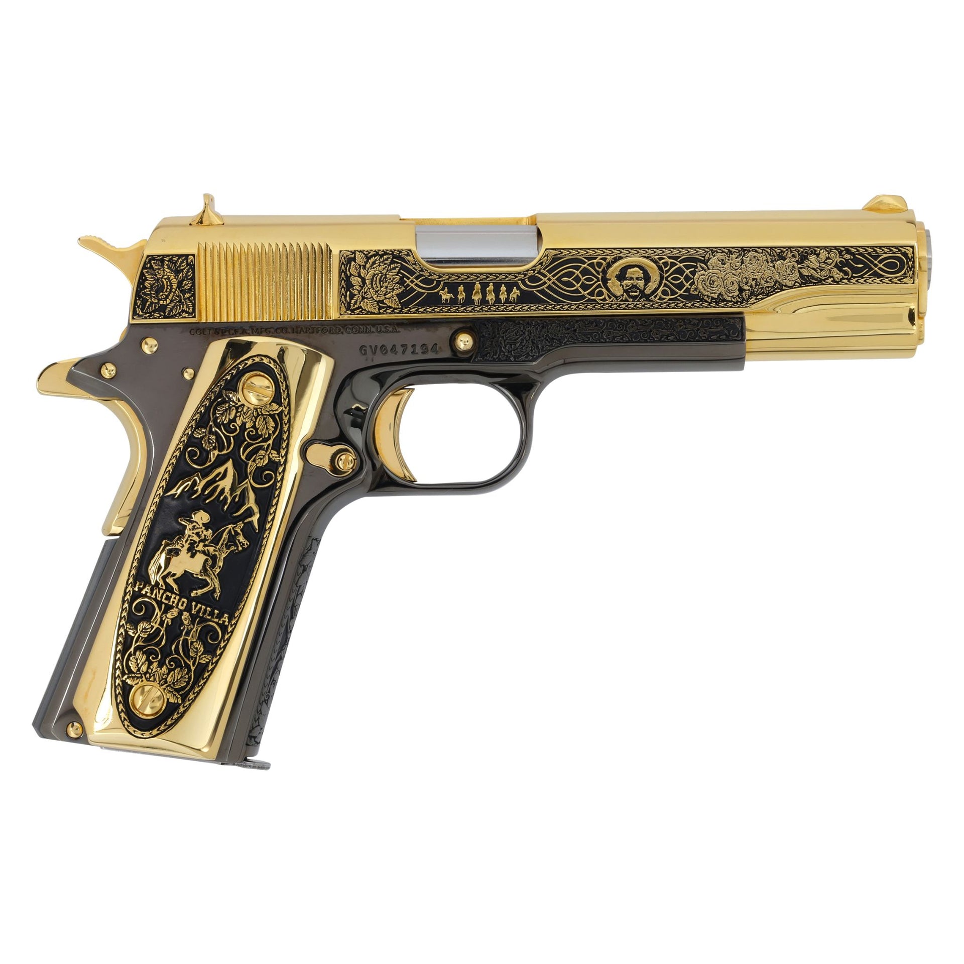 Colt 1911 Government .45 ACP Pancho Villa 24K Gold Plated and Engraved, Black Chrome Frame