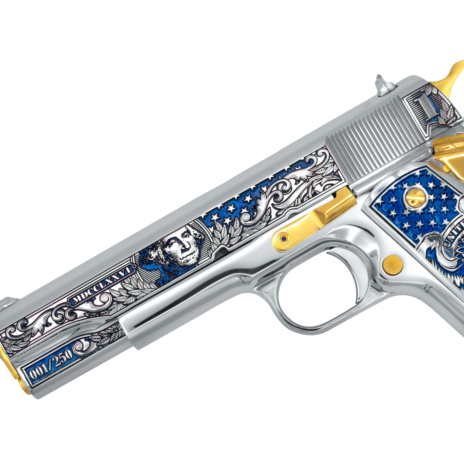 Colt 1911 45 ACP Liberty Crown in High Polish Stainless Steel 24K Gold Plated Accents and Grips,  SKU: 7675725906022, UPC: 850050514817
