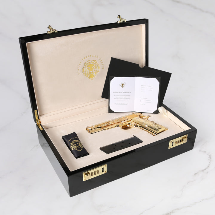 COLT 1911 Government CELTIC Engraved Design, 45 ACP, 24KT GOLD, Chrome Finish Frame, SKU: 4335024373862 , gold pistol, 24 karat gold gun