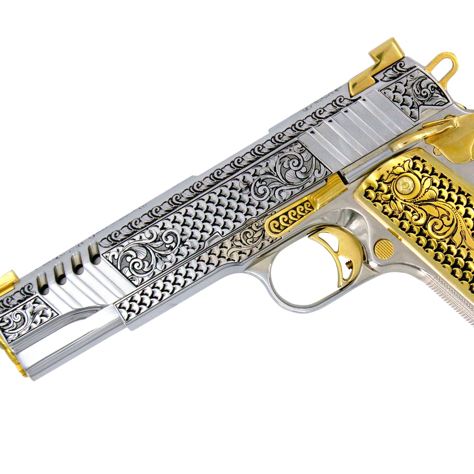 Auto Ordnance 1911, 45 ACP, Engraved In High Polish White Chrome, with 24 karat Gold Plated Accents, SKU: 7010467643494, Gold Gun, Gold Firearm,