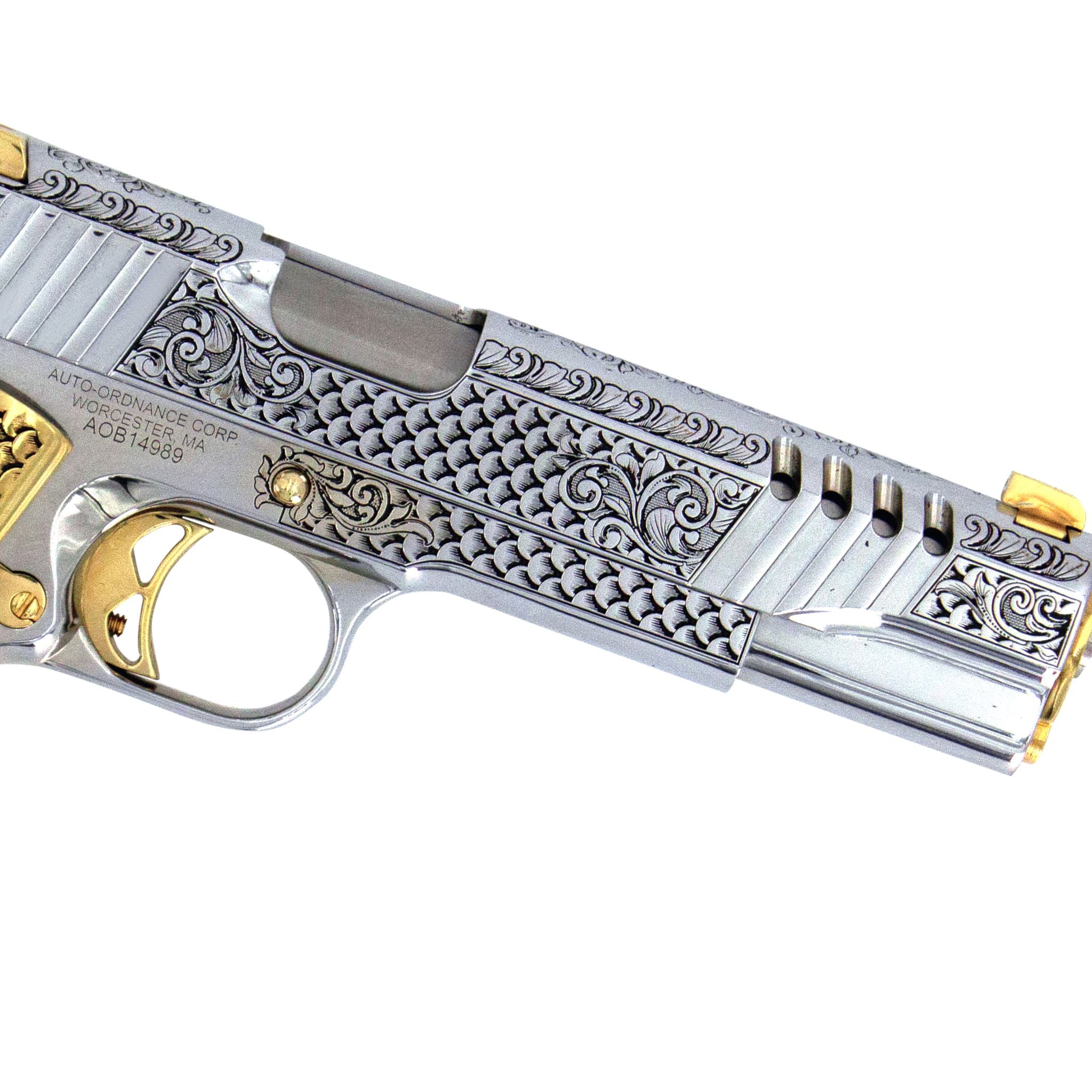 Auto Ordnance 1911, 45 ACP, Engraved In High Polish White Chrome, with 24 karat Gold Plated Accents, SKU: 7010467643494, Gold Gun, Gold Firearm,