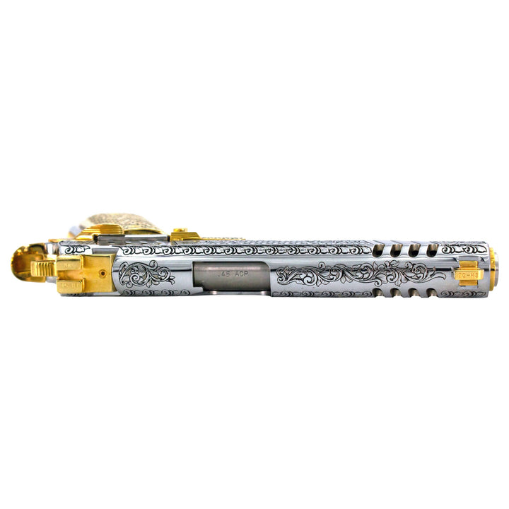 Auto Ordnance 1911, 45 ACP, Engraved In High Polish White Chrome, with 24 karat Gold Plated Accents, SKU: 7010467643494, Gold Gun, Gold Firearm,