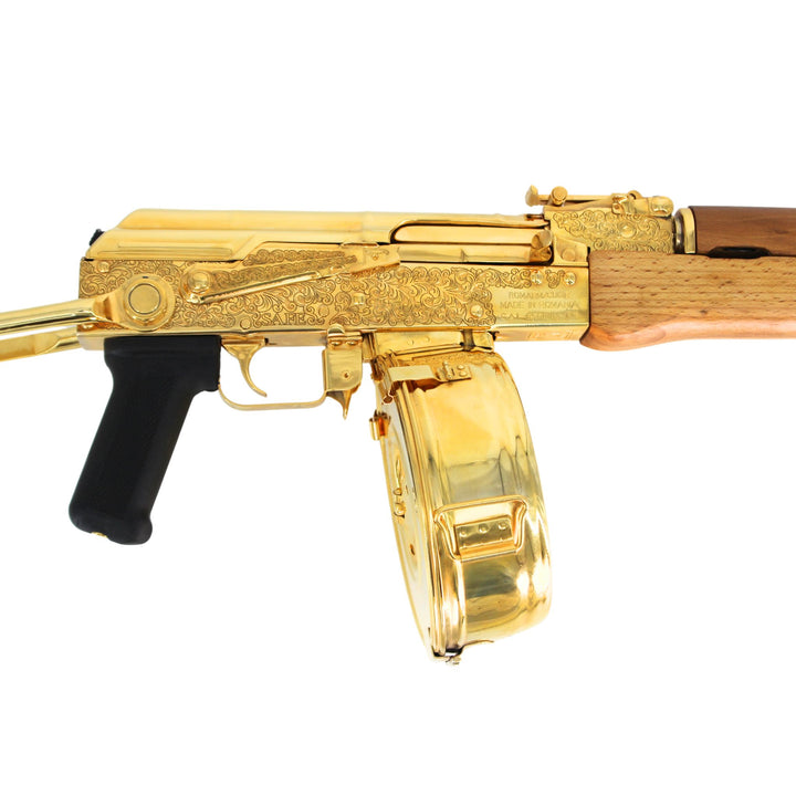 Ak 47 Century Arms Underfolder, 7.62x39mm,Engraved, 24 karat Gold Plated W/ 24k Gold Plated Drum Magazine SKU: 6963834716262,Gold AK 47, Gold Gun, Gold Firearm