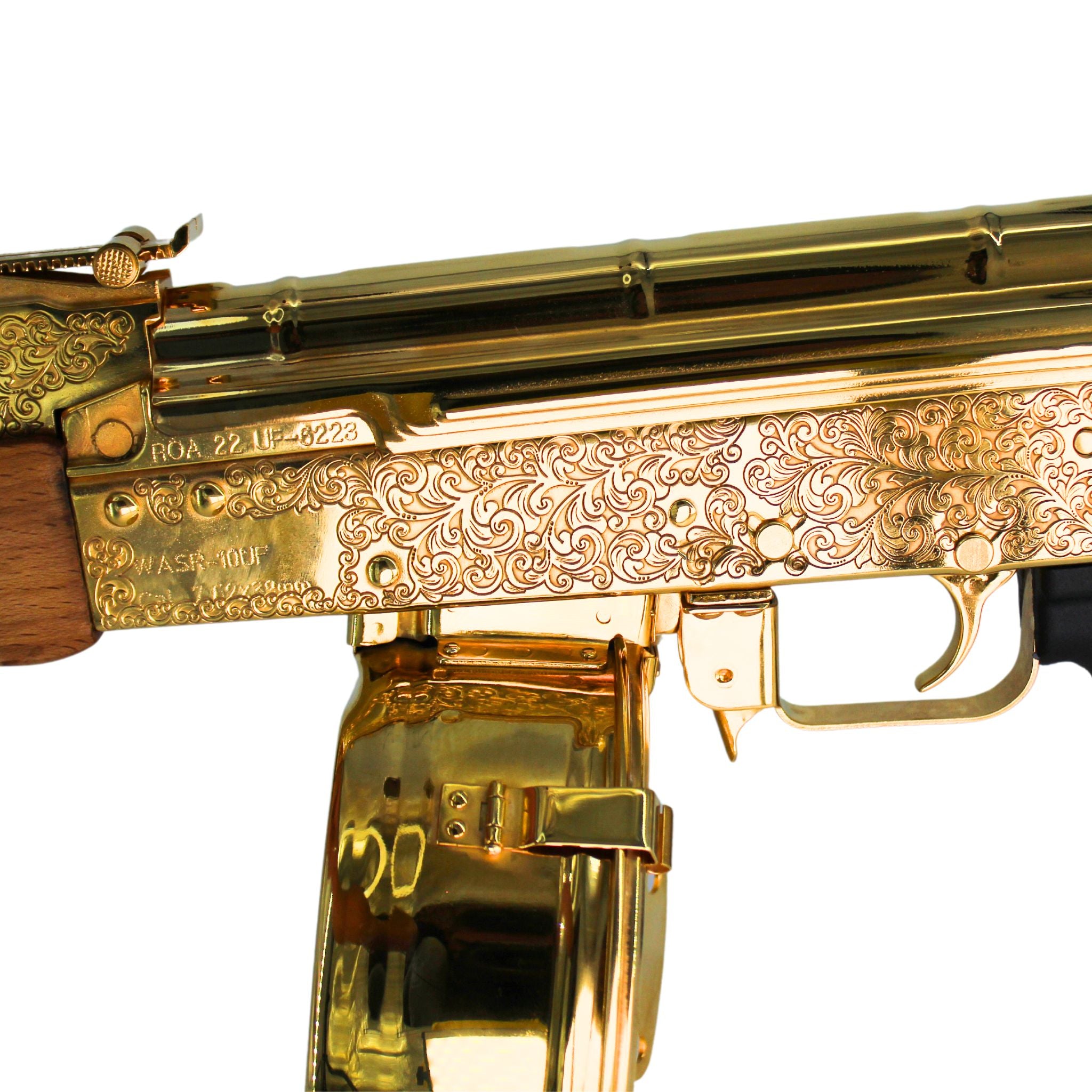 Ak 47 Century Arms Underfolder, 7.62x39mm,Engraved, 24 karat Gold Plated W/ 24k Gold Plated Drum Magazine  SKU: 6963834716262,Gold AK 47, Gold Gun, Gold Firearm