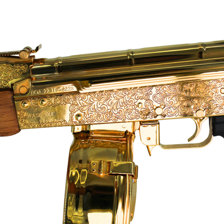Ak 47 Century Arms Underfolder, 7.62x39mm,Engraved, 24 karat Gold Plated W/ 24k Gold Plated Drum Magazine SKU: 6963834716262,Gold AK 47, Gold Gun, Gold Firearm