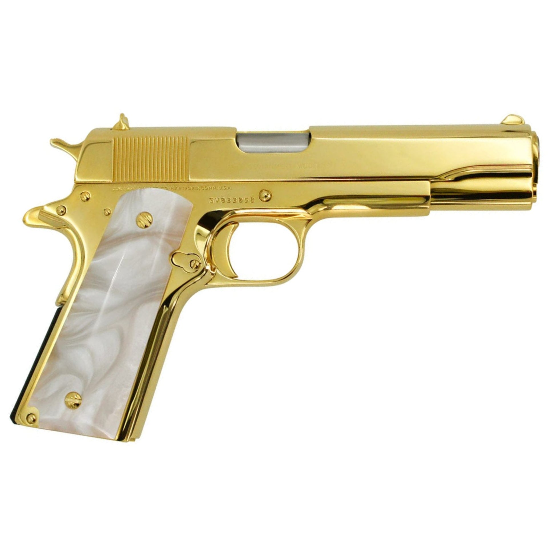 Colt 1911 Government, 38 Super, 24K All Gold Plated, Hogue White Grips, 4356052975718