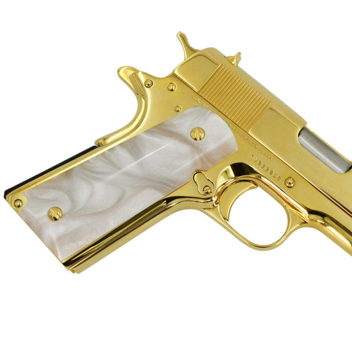 Colt 1911 Government, 38 Super, 24K All Gold Plated, Hogue White Grips, 4356052975718