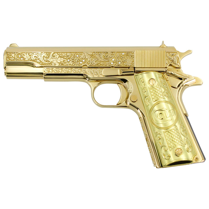 Colt 1911 Government, 38 Super, 9 + 1, Vine and Berries with Diamonds, 24 karat Gold Plated, SKU: 4584642838630, 24 karat gold gun, 24 Karat Gold Firearm