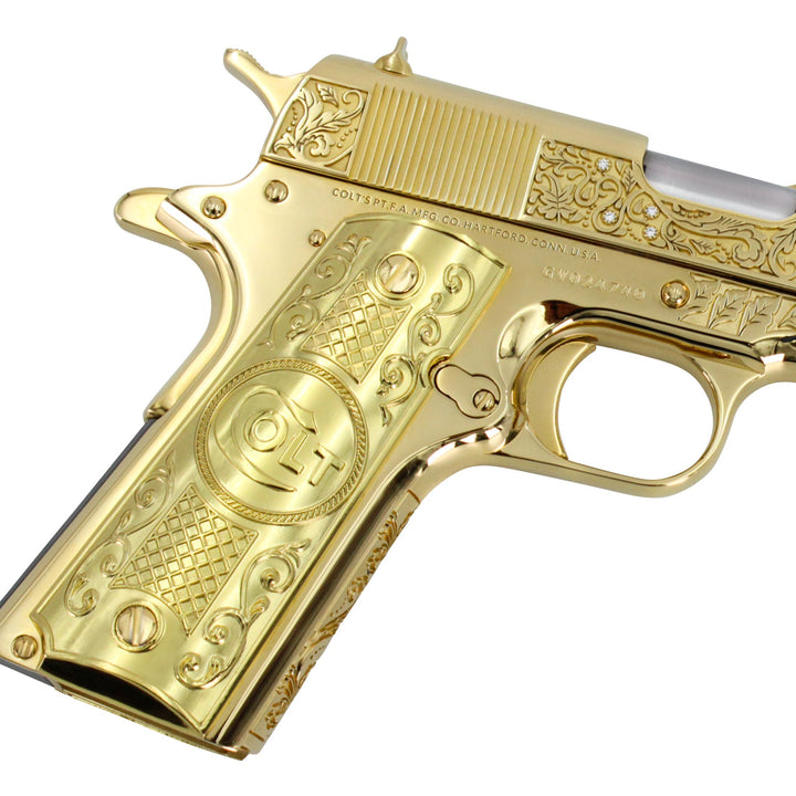 Colt 1911 Government, 38 Super, 9 + 1, Vine and Berries with Diamonds, 24 karat Gold Plated, SKU: 4584642838630, 24 karat gold gun, 24 Karat Gold Firearm