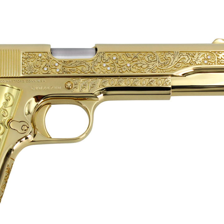 Colt 1911 Government, 38 Super, 9 + 1, Vine and Berries with Diamonds, 24 karat Gold Plated, SKU: 4584642838630, 24 karat gold gun, 24 Karat Gold Firearm