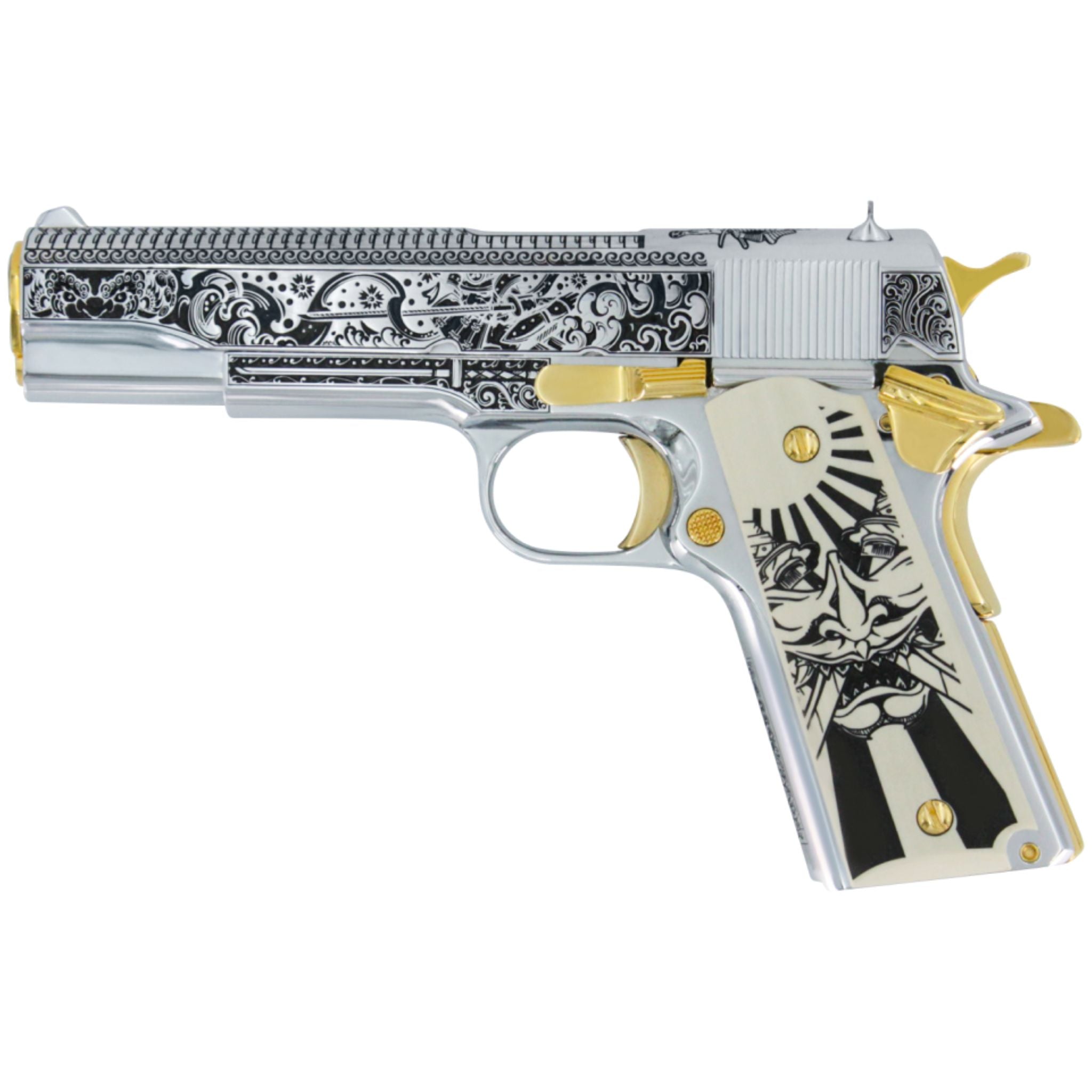 Colt Government 1911, 45 ACP, Bushido Blade, High Polish Stainless Steel And, 24K Gold Accents, SKU: 6768765665382, 24 karat gold gun