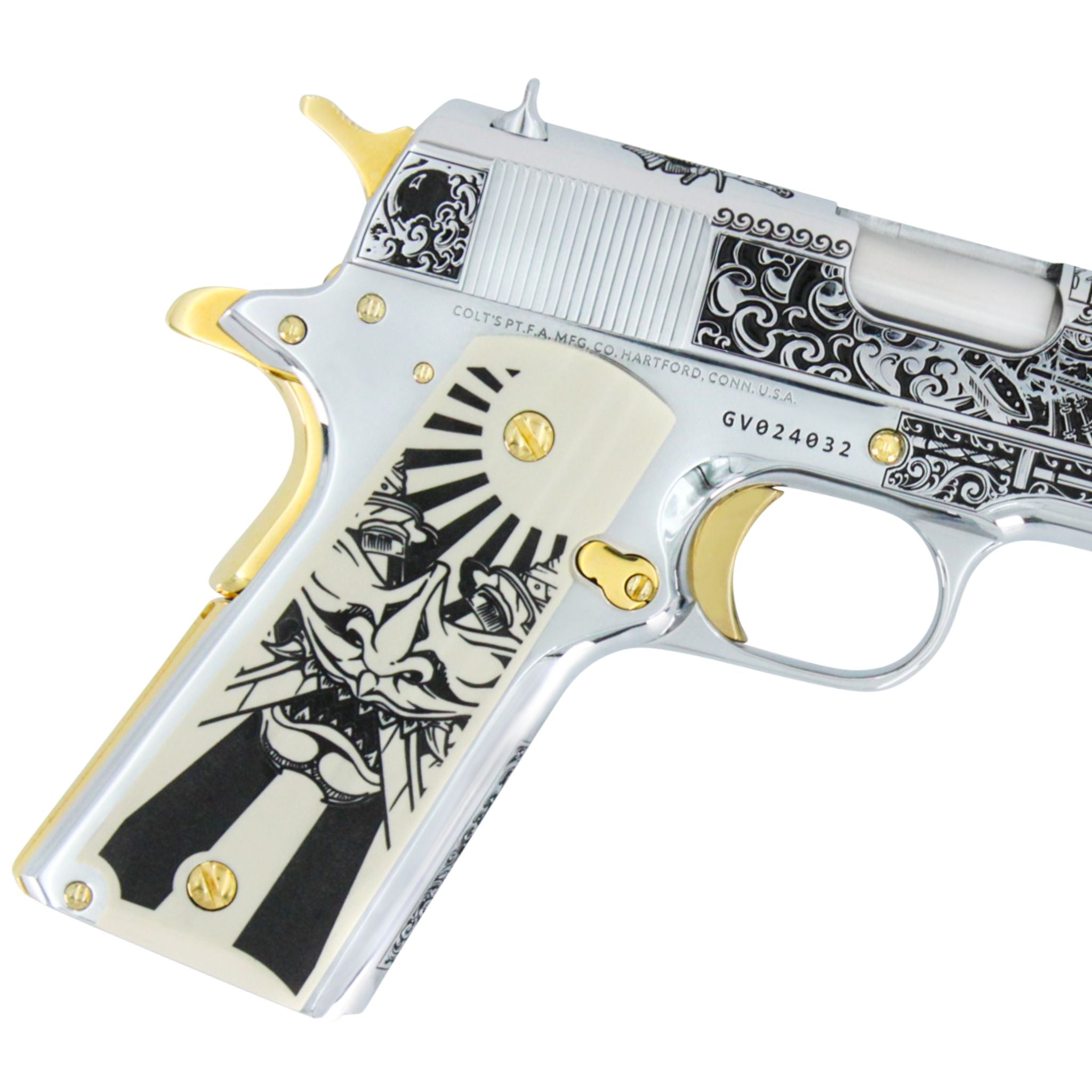 Colt Government 1911, 45 ACP, Bushido Blade, High Polish Stainless Steel And, 24K Gold Accents, SKU: 6768765665382, 24 karat gold gun