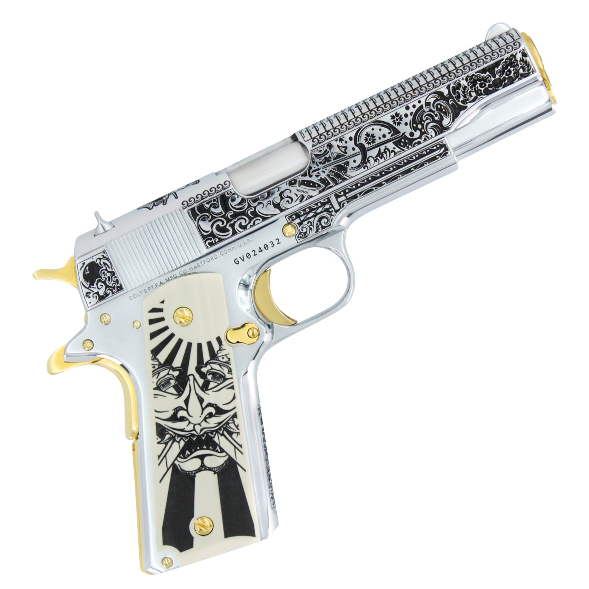 Colt Government 1911, 45 ACP, Bushido Blade, High Polish Stainless Steel And, 24K Gold Accents, SKU: 6768765665382, 24 karat gold gun