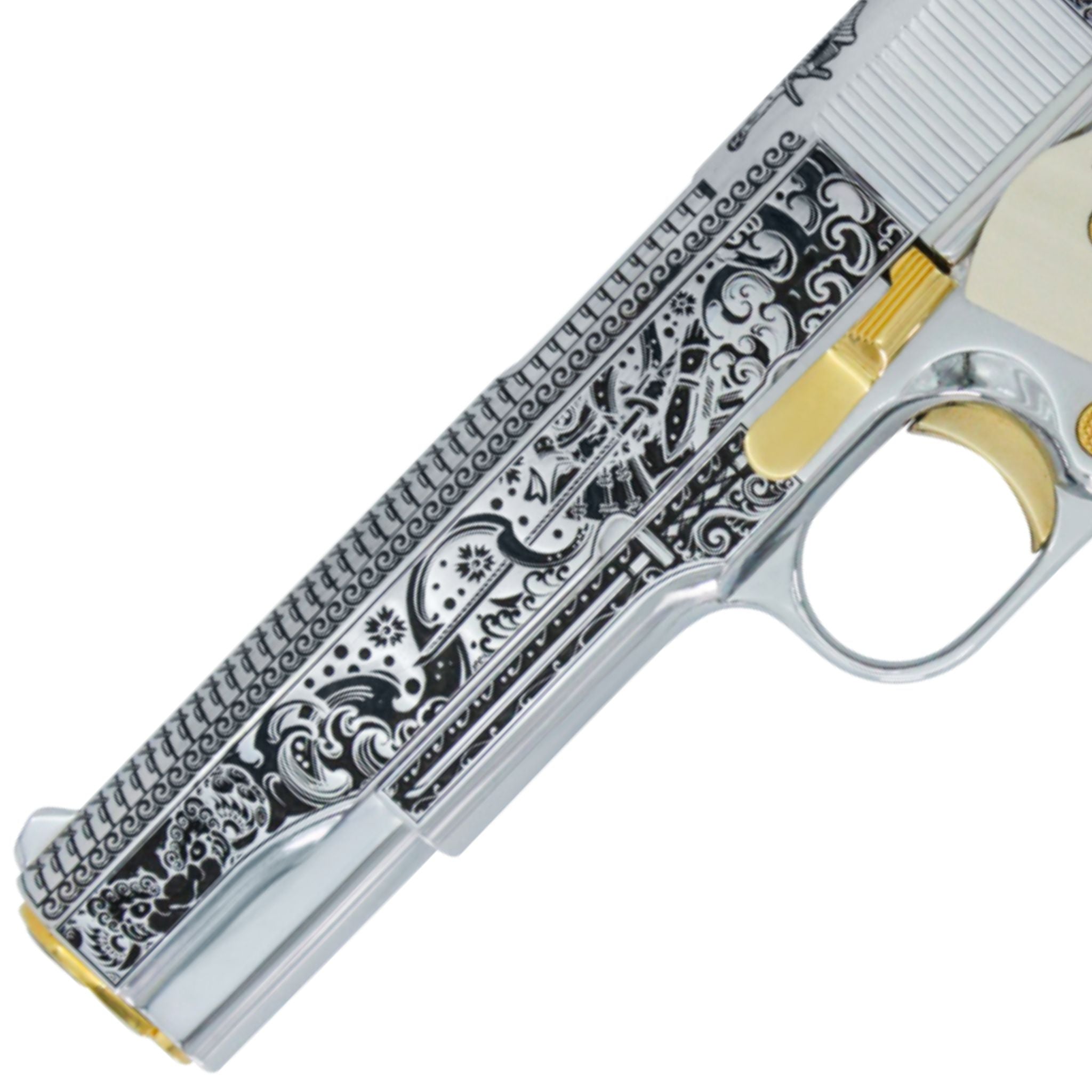Colt Government 1911, 45 ACP, Bushido Blade, High Polish Stainless Steel And, 24K Gold Accents, SKU: 6768765665382, 24 karat gold gun