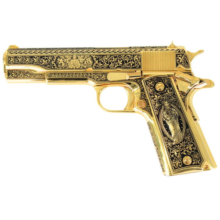 Colt 1911 Government, 45ACP, 24K All Gold Plated,  Cathedral design, 7007643959398, 098289112224