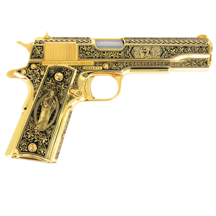 Colt 1911 Government, 45ACP, 24K All Gold Plated,  Cathedral design, 7007643959398, 098289112224