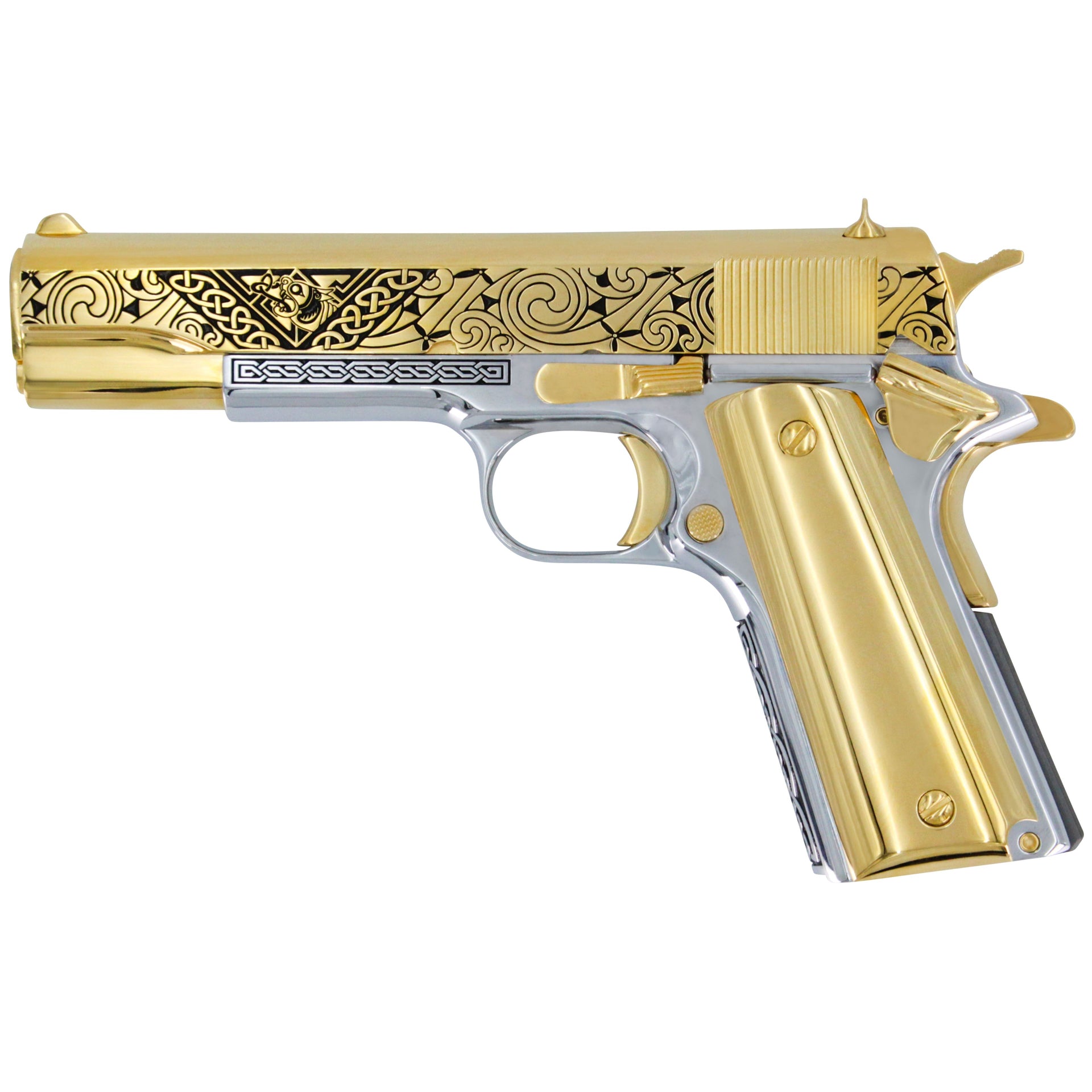 COLT 1911 Government CELTIC Engraved Design, 45 ACP, 24KT GOLD, Chrome Finish Frame, SKU: 4335024373862 , gold pistol, 24 karat gold gun