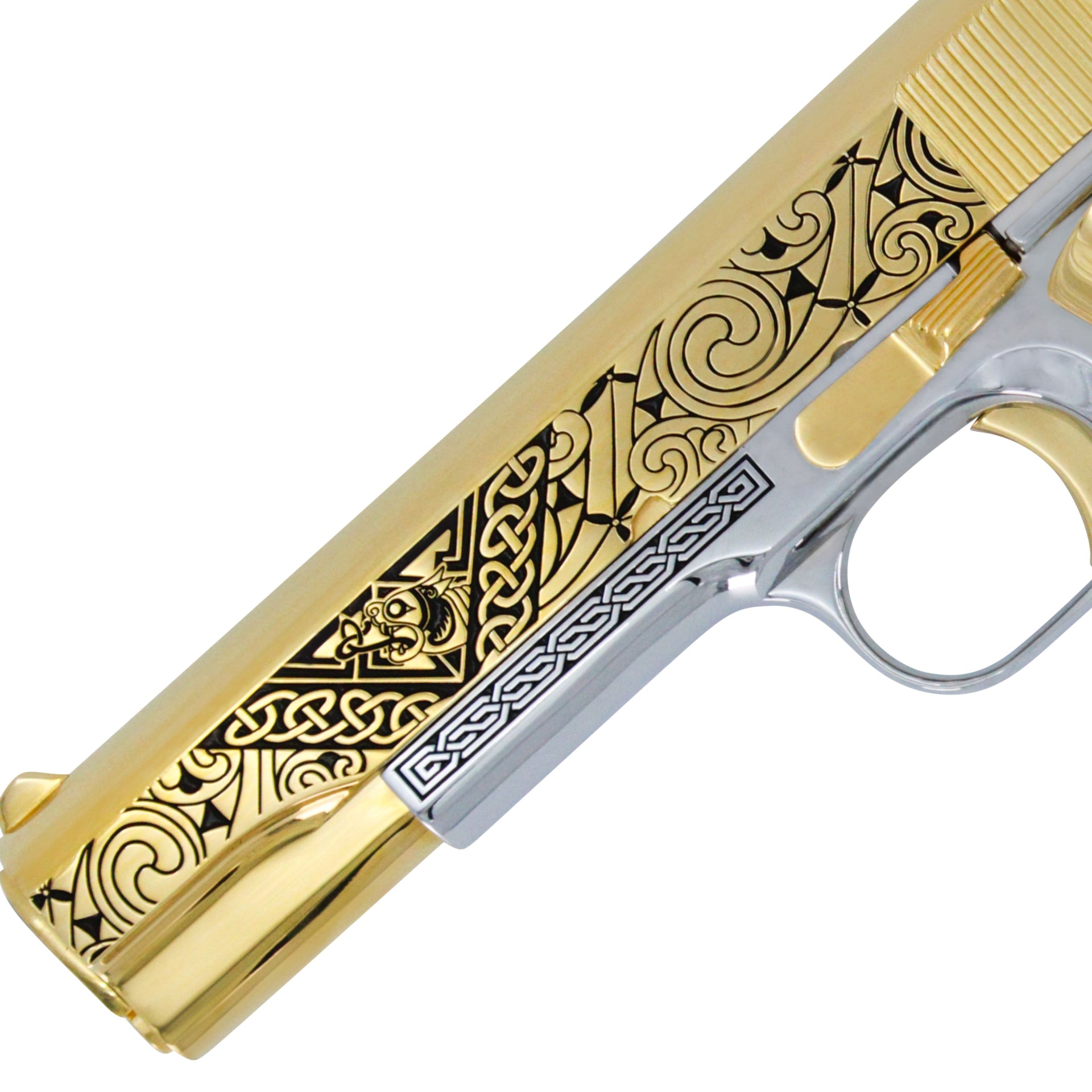 COLT 1911 Government CELTIC Engraved Design, 45 ACP, 24KT GOLD, Chrome Finish Frame, SKU: 4335024373862 , gold pistol, 24 karat gold gun