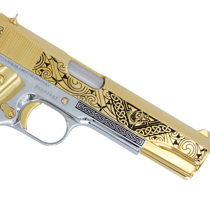 COLT 1911 Government CELTIC Engraved Design, 45 ACP, 24KT GOLD, Chrome Finish Frame, SKU: 4335024373862 , gold pistol, 24 karat gold gun