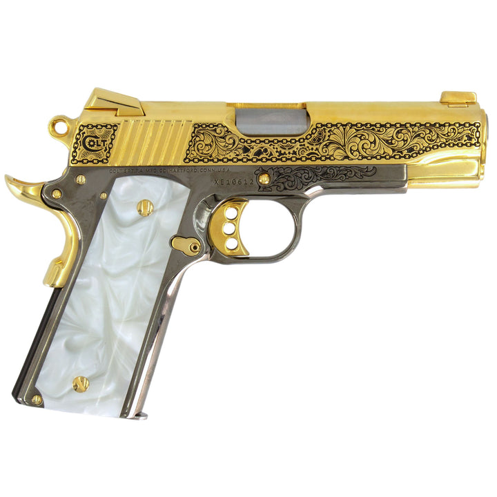 Colt 1911 Combat Commander, 45 ACP, Engraved In High Polish 24 karat Gold Plated and Black Chrome Clockwork Design,SKU: 7010463121510, Gold Gun, Gold Firearm, Engraved Firearm