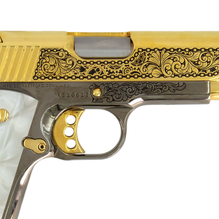 Colt 1911 Combat Commander, 45 ACP, Engraved In High Polish 24 karat Gold Plated and Black Chrome Clockwork Design,SKU: 7010463121510, Gold Gun, Gold Firearm, Engraved Firearm