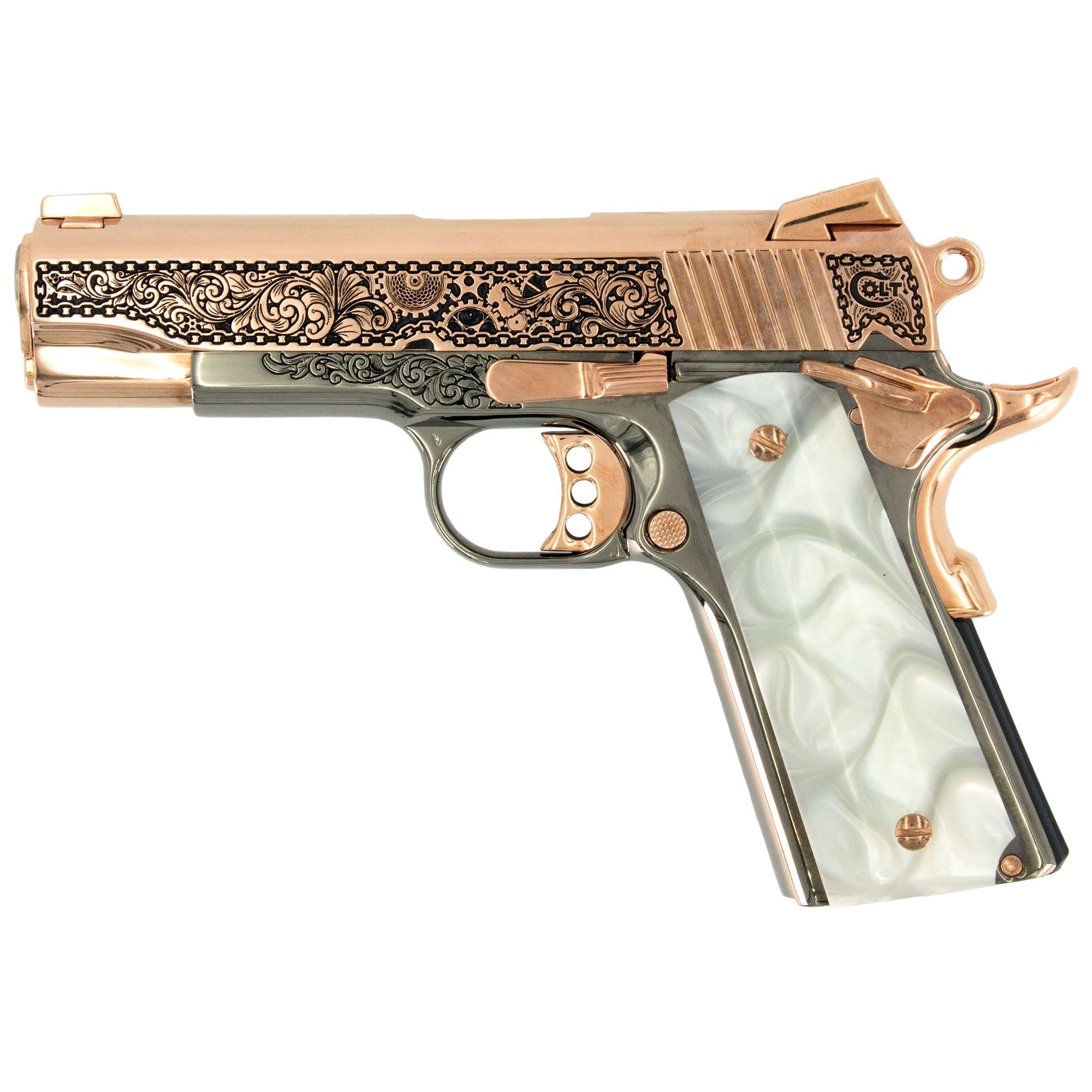 Colt 1911 Combat Commander, 45 ACP,  Engraved In High Polish 18 karat Rose Gold Plated and Black Chrome Clockwork Design, SKU: 7010463121510, Rose Gold Gun, Rose Gold Firearm, Engraved Firearm