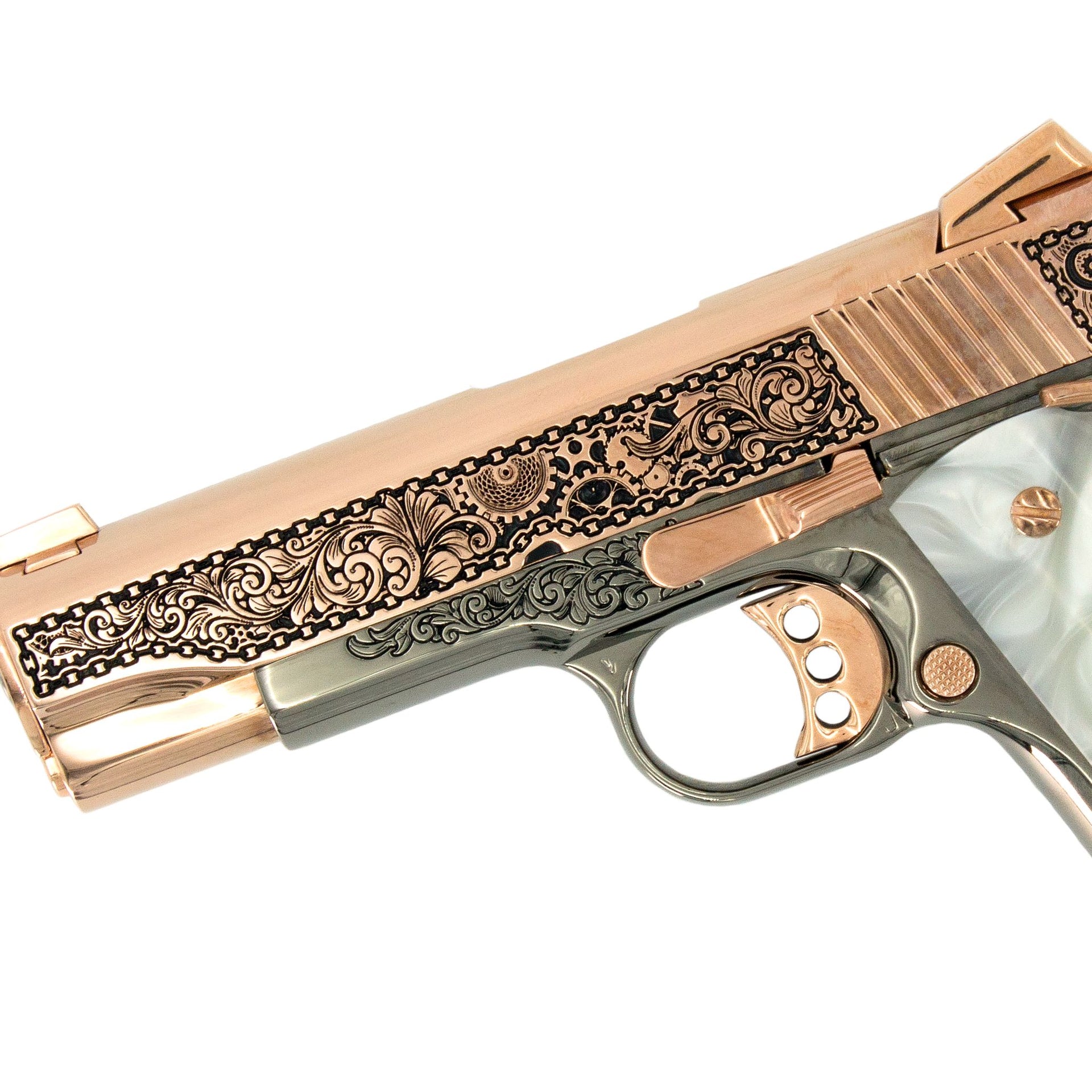 Colt 1911 Combat Commander, 45 ACP,  Engraved In High Polish 18 karat Rose Gold Plated and Black Chrome Clockwork Design, SKU: 7010463121510, Rose Gold Gun, Rose Gold Firearm, Engraved Firearm