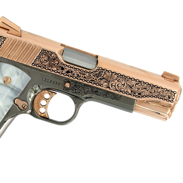 Colt 1911 Combat Commander, 45 ACP, Engraved In High Polish 18 karat Rose Gold Plated and Black Chrome Clockwork Design, SKU: 7010463121510, Rose Gold Gun, Rose Gold Firearm, Engraved Firearm