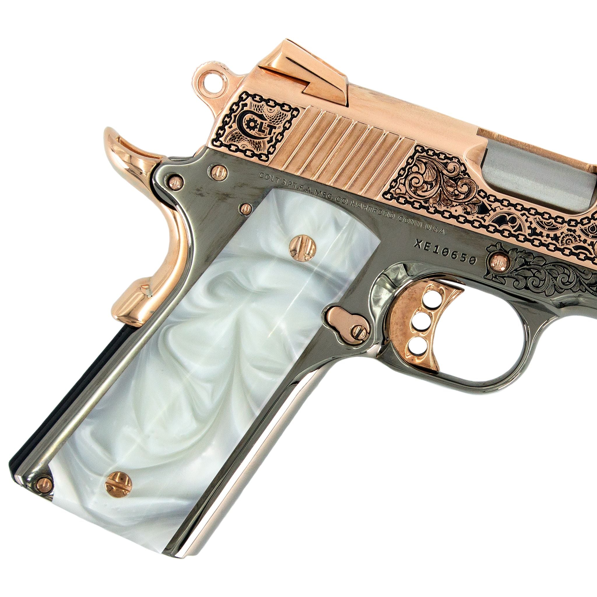 Colt 1911 Combat Commander, 45 ACP,  Engraved In High Polish 18 karat Rose Gold Plated and Black Chrome Clockwork Design, SKU: 7010463121510, Rose Gold Gun, Rose Gold Firearm, Engraved Firearm