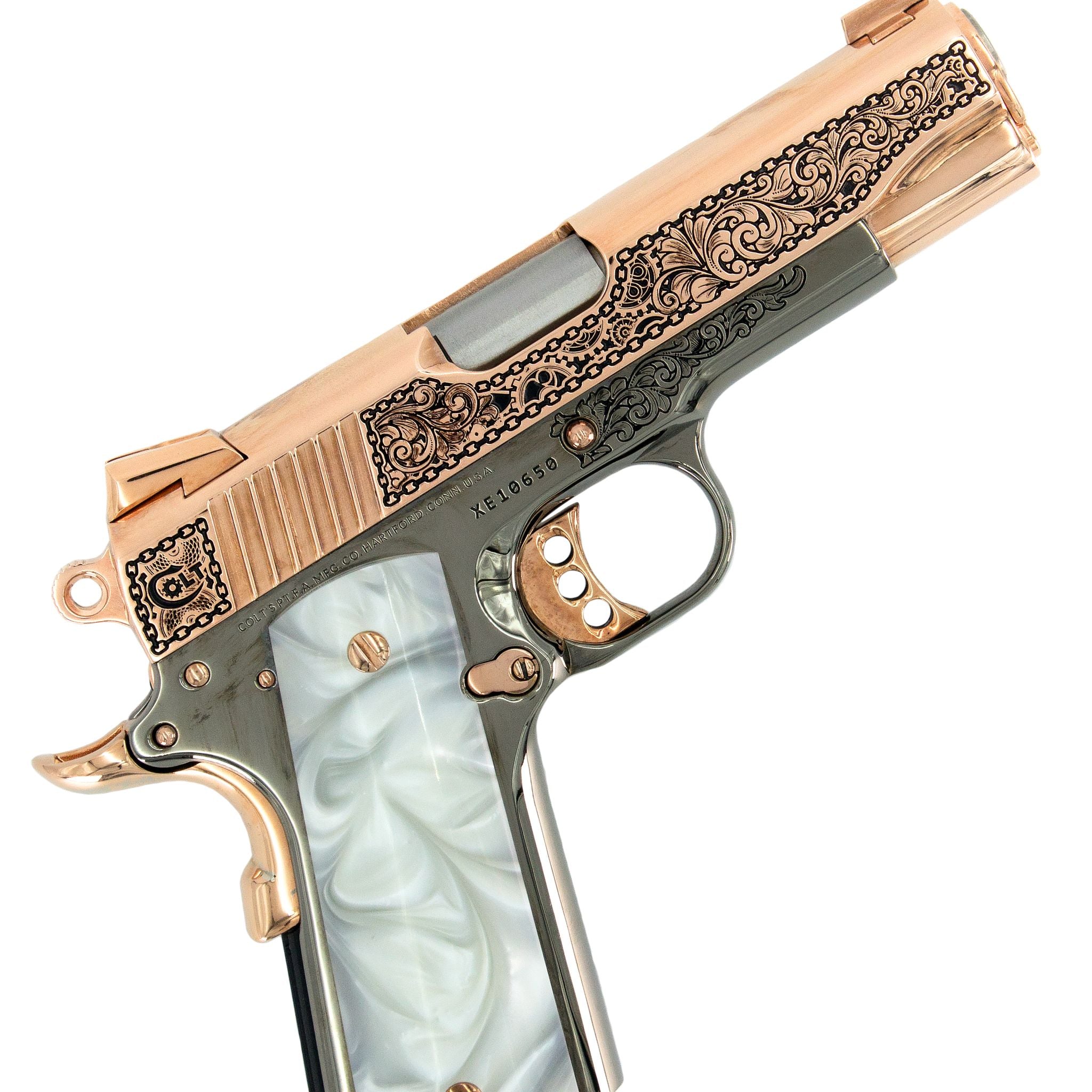 Colt 1911 Combat Commander, 45 ACP,  Engraved In High Polish 18 karat Rose Gold Plated and Black Chrome Clockwork Design, SKU: 7010463121510, Rose Gold Gun, Rose Gold Firearm, Engraved Firearm