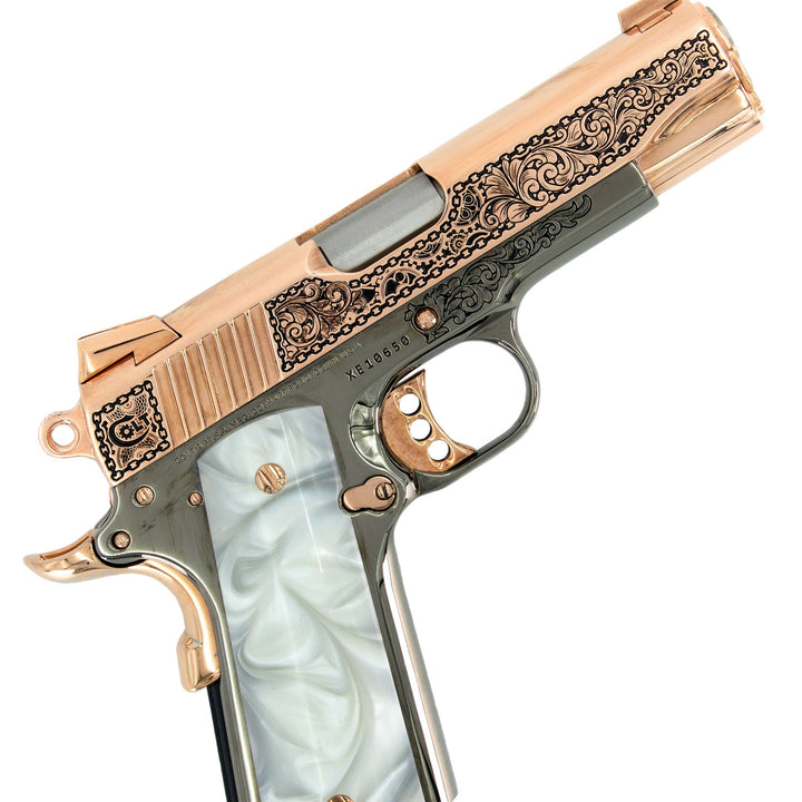 Colt 1911 Combat Commander, 45 ACP, Engraved In High Polish 18 karat Rose Gold Plated and Black Chrome Clockwork Design, SKU: 7010463121510, Rose Gold Gun, Rose Gold Firearm, Engraved Firearm