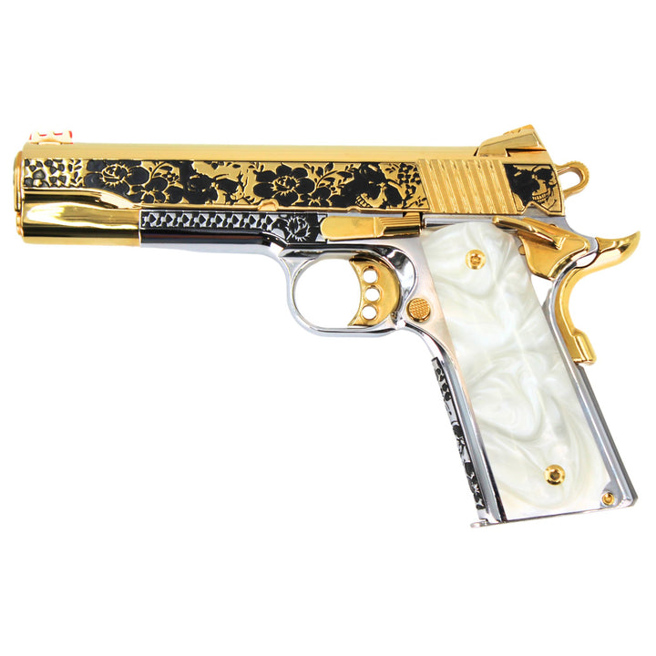 COLT 1911, 45ACP Competition, Skulls & Flowers Design with 24K Gold Plated Slide & Accents
